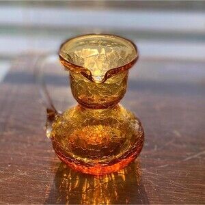 Vintage Pilgrim Glass, Amber Crackle Pitcher with Clear Handle, 3.5” x 3”